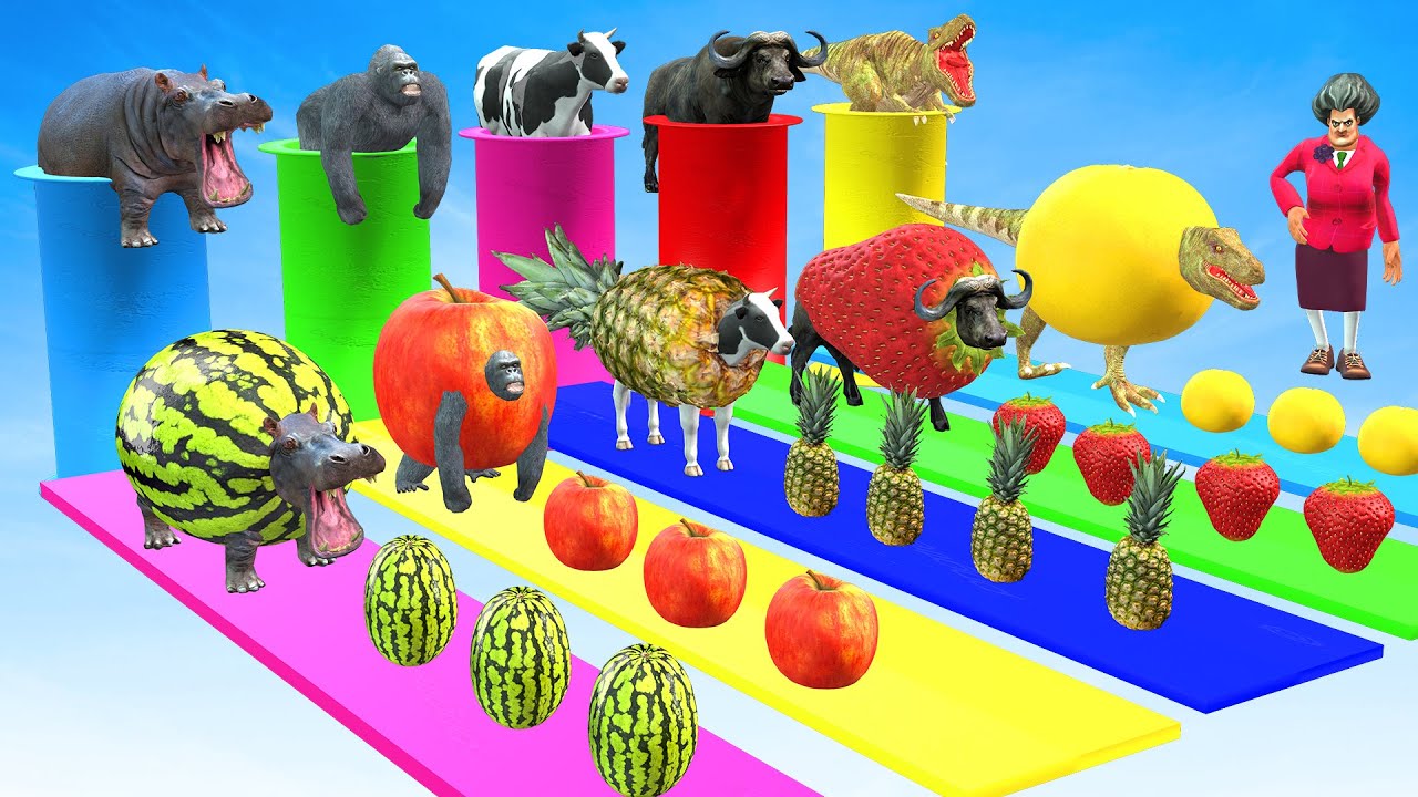 Cow Gorilla Buffalo Dinosaur Scary Teacher 3D Fruit Animal Games with Hammer and Pipes Funny Game